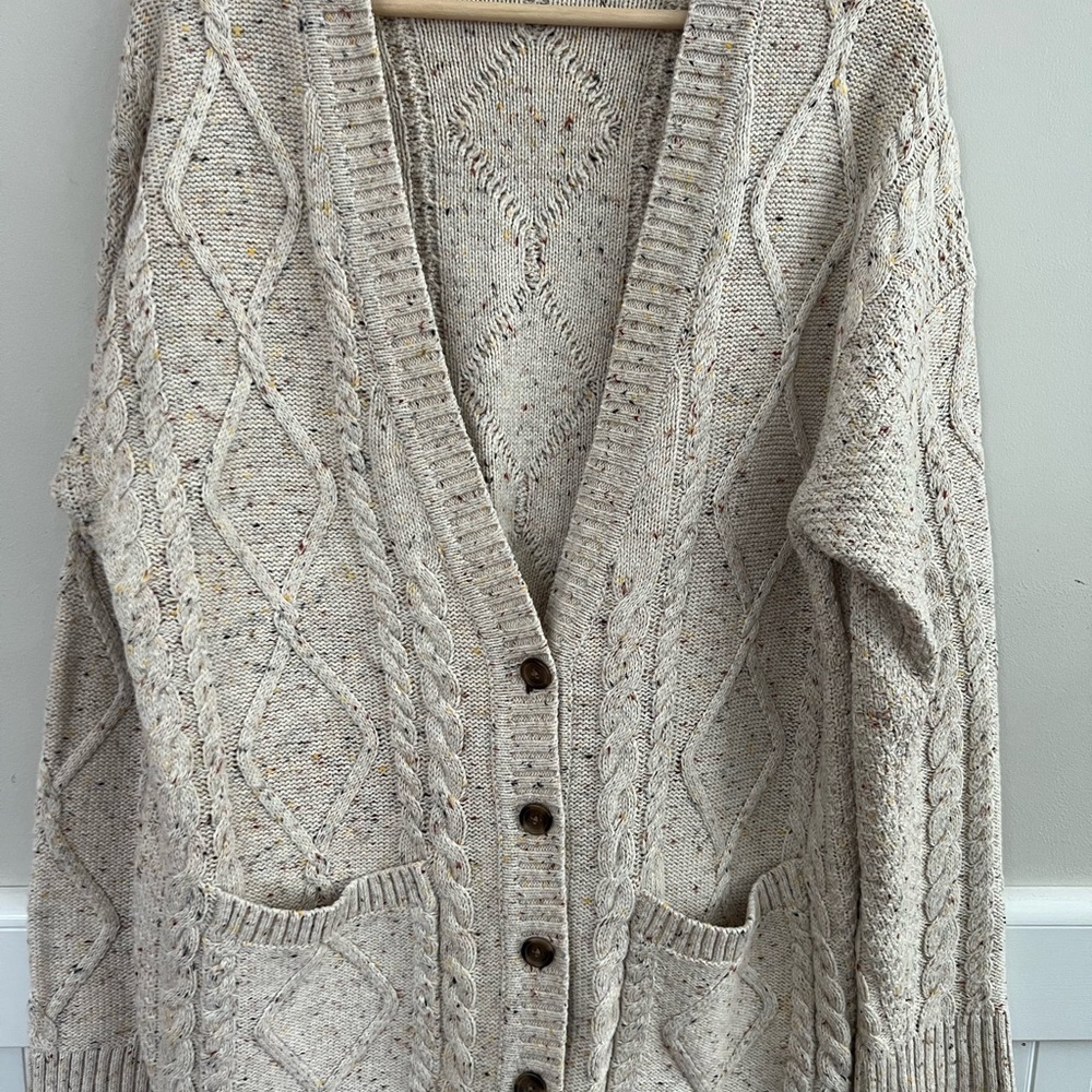 J. Crew Factory Speckled Beige Cable Knit Cardigan